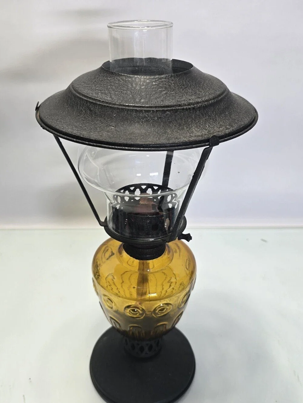 Vintage Amber Glass Hurricane Oil Lamp Metal Shade Pedestal Scalloped Chimney